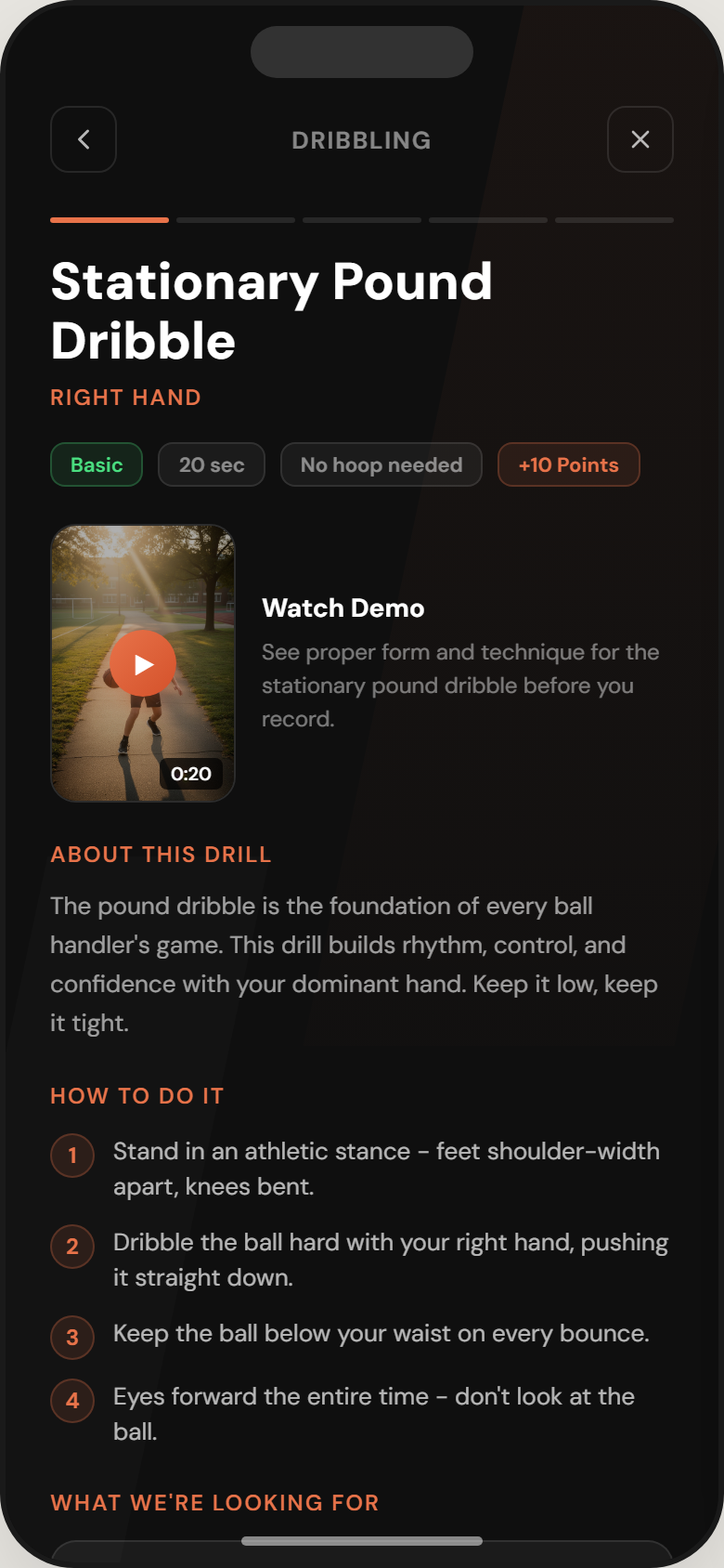Drill demo screen showing Pound Dribble with video preview and step-by-step instructions