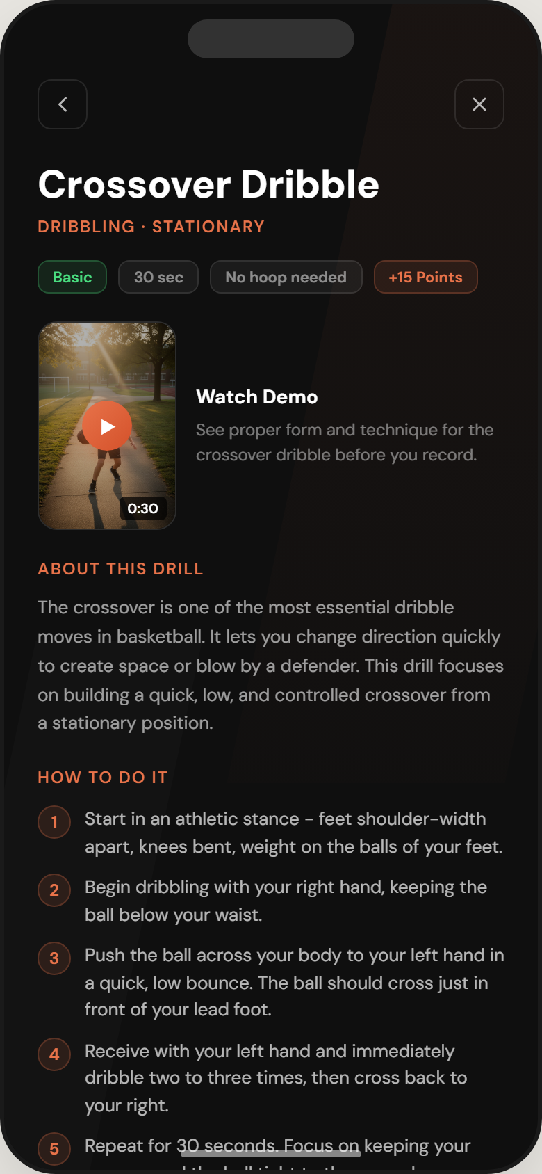 Crossover Dribble drill detail showing video demo, step-by-step instructions, and AI evaluation criteria