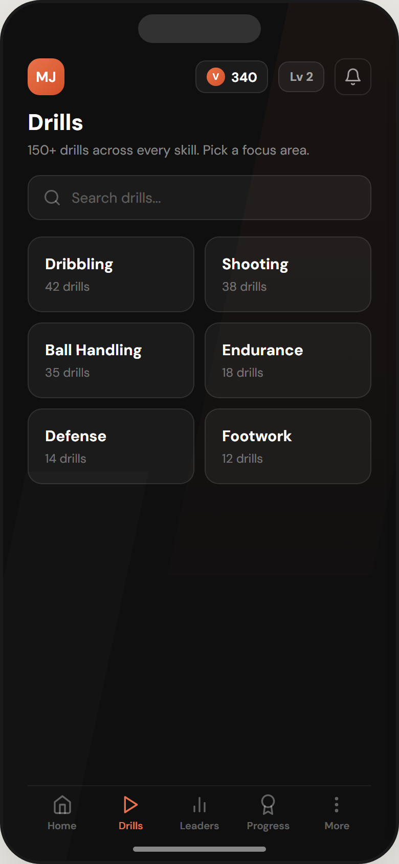 Drills library showing categories grid with drill counts for dribbling, shooting, ball handling, endurance, defense, and footwork