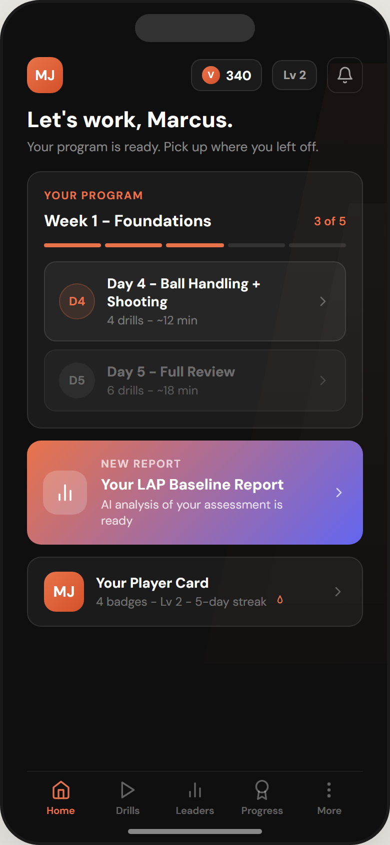 Personalized weekly training program with daily sessions