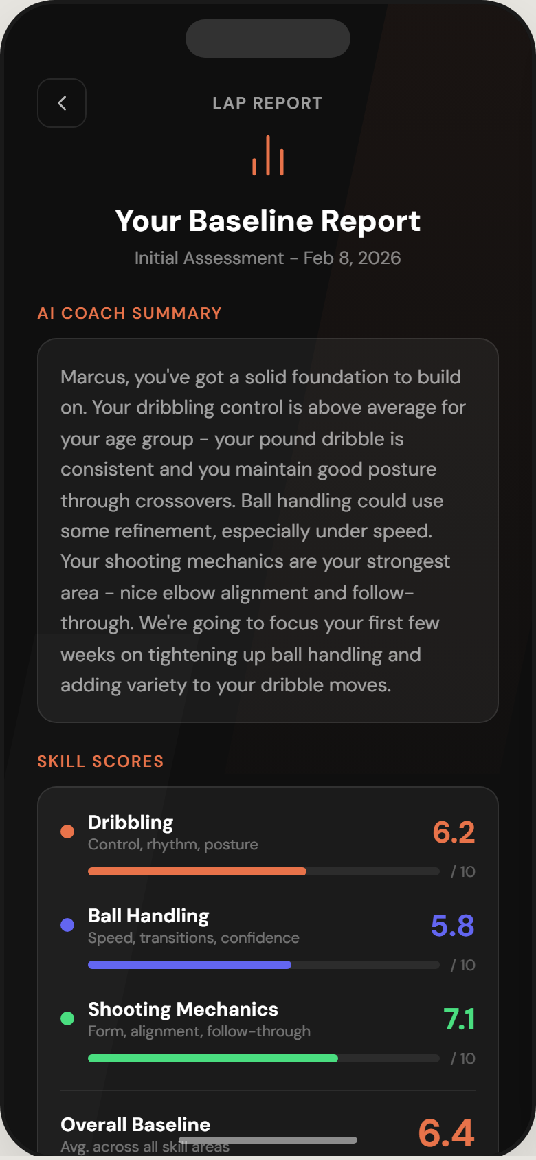 AI-generated baseline report with skill scores