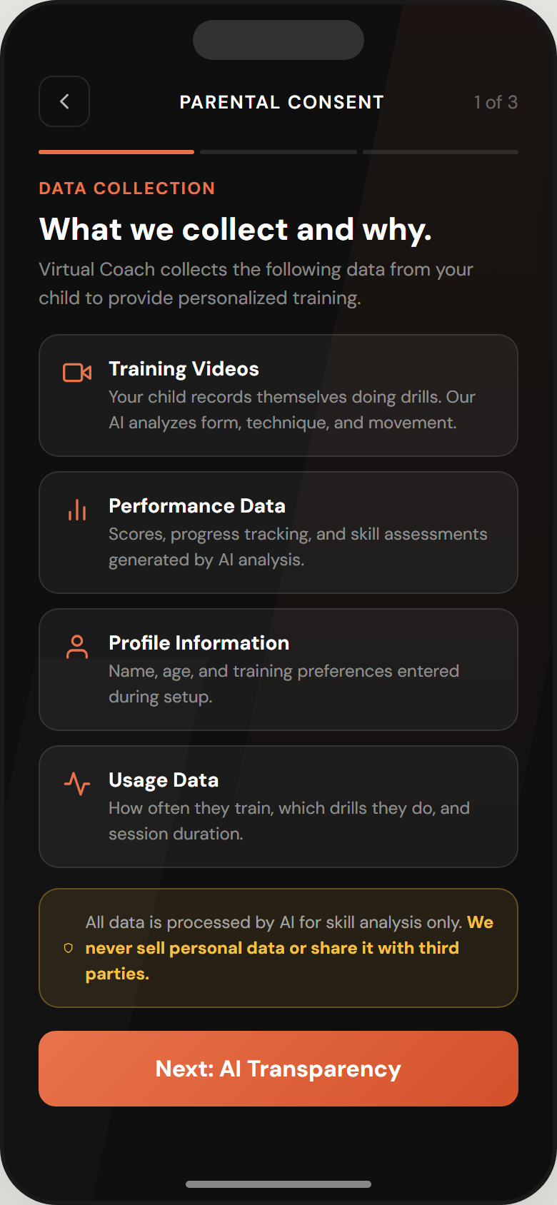 Parental consent screen showing data collection agreement with detailed privacy disclosures