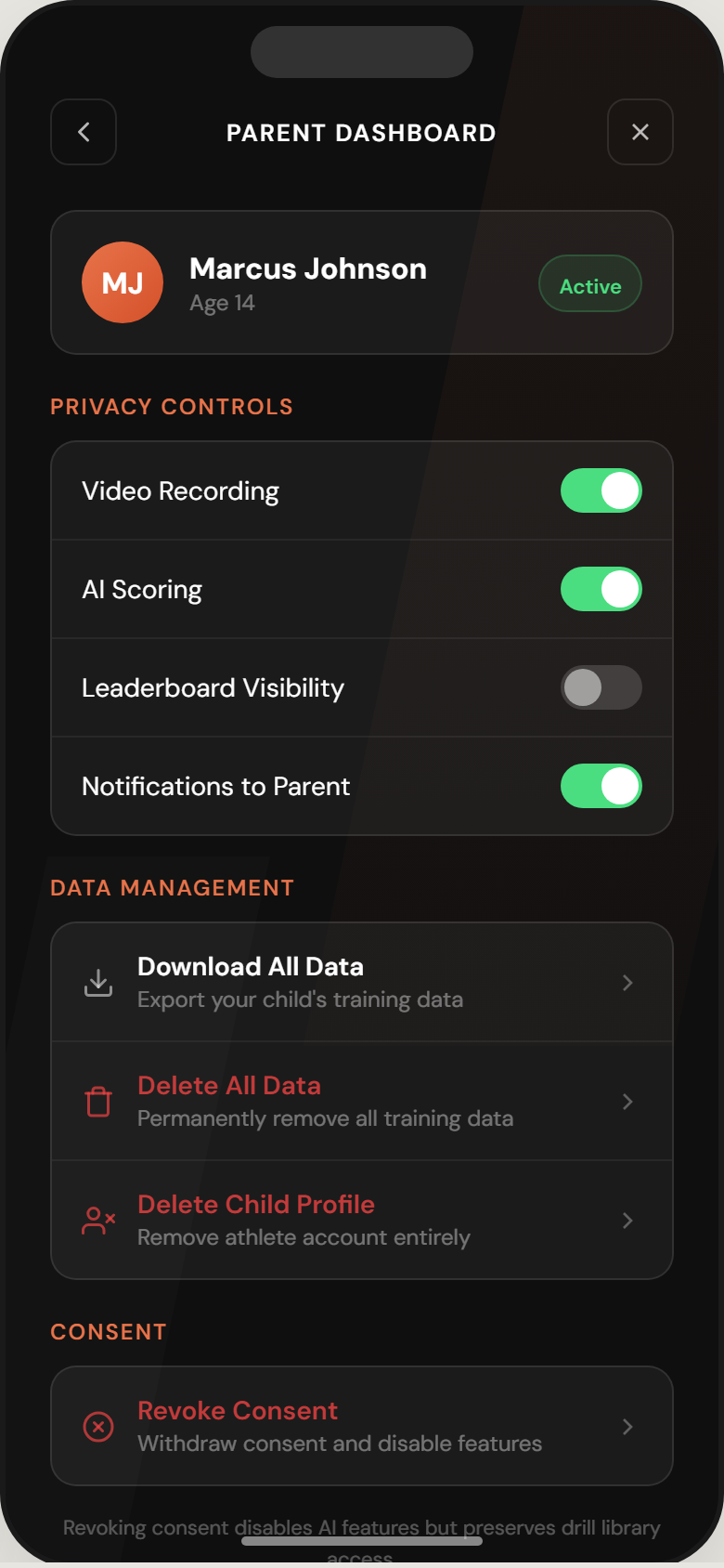Parent dashboard showing child's training activity overview, weekly progress, and privacy controls