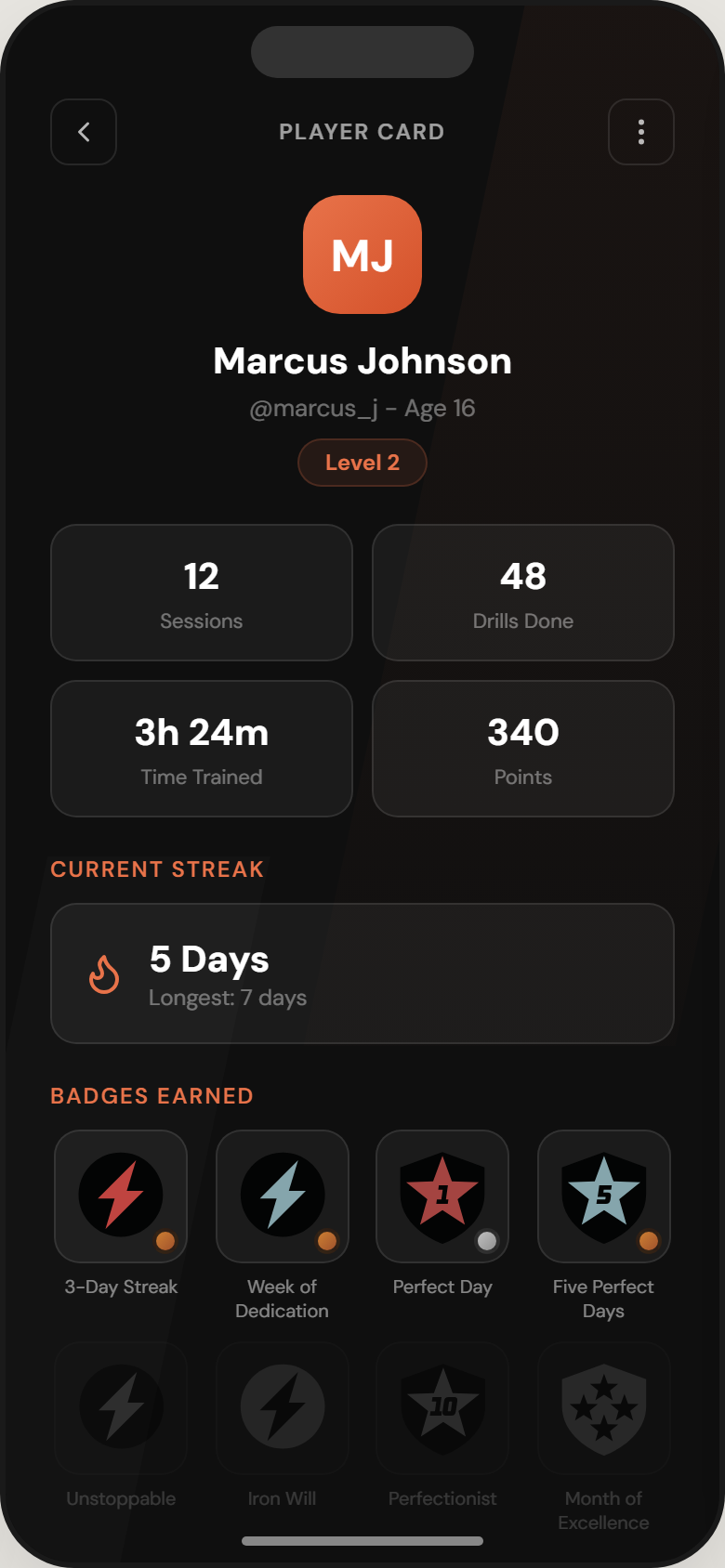 Player card showing profile with badges, level, streak, and session stats
